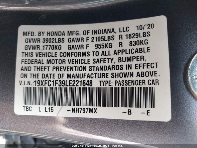 2020 HONDA CIVIC SEDAN EX VIN: 19XFC1F39LE221648