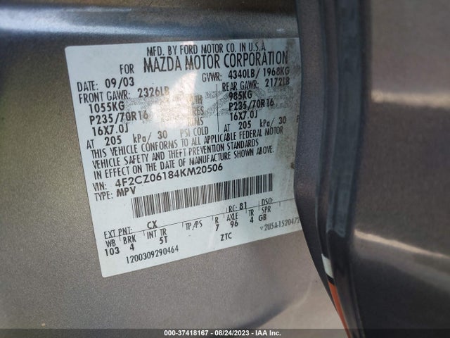 2004 MAZDA TRIBUTE ES VIN: 4F2CZ06184KM20506