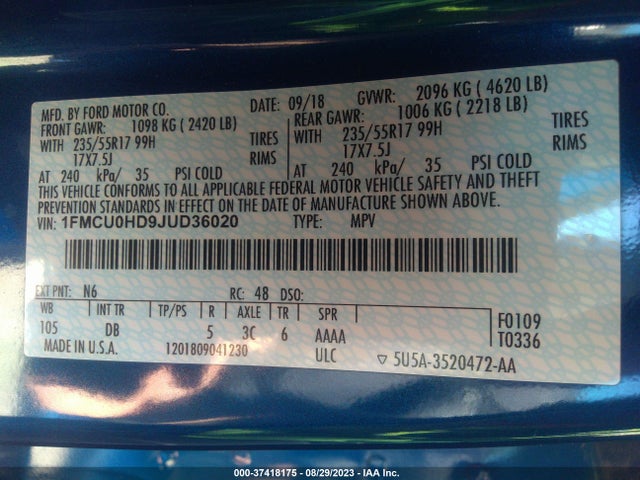 2018 FORD ESCAPE SEL VIN: 1FMCU0HD9JUD36020