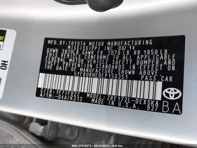 Toyota Corolla L/le/s/s Plus/le Plus 2014 5YFBURHE0EP150351 Image 15