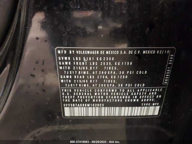 2019 Volkswagen Tiguan, VIN: 3VV3B7AX9KM102023