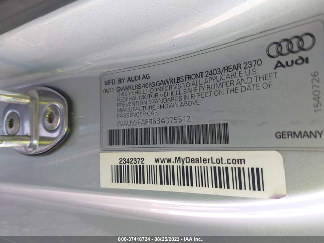 2011 AUDI A5 2.0T PRESTIGE VIN: WAUWFAFR6BA075512