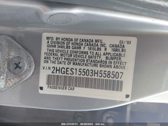 2003 HONDA CIVIC LX VIN: 2HGES15503H558507