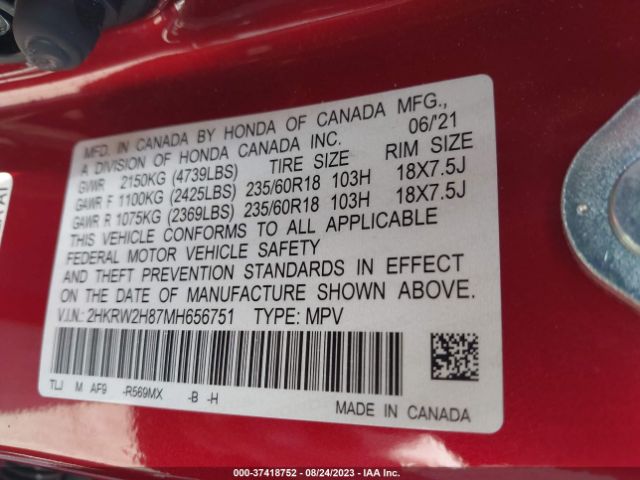 2HKRW2H87MH656751 Honda Cr-v Ex-l