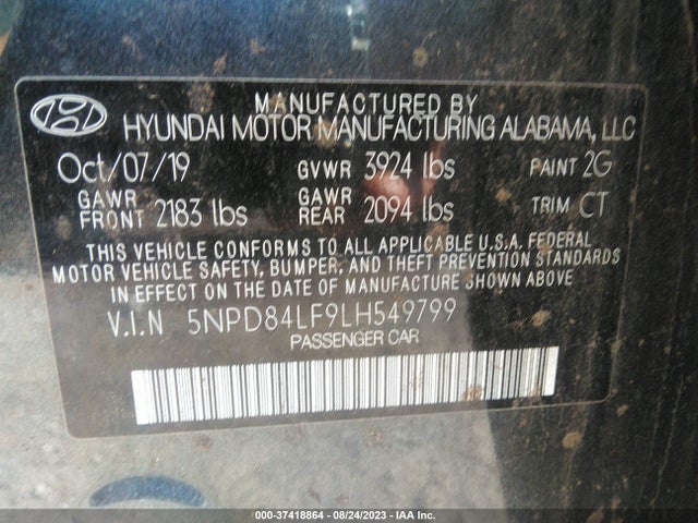 2020 HYUNDAI ELANTRA SEL VIN: 5NPD84LF9LH549799