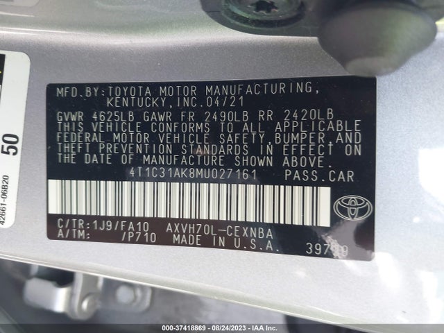 2021 TOYOTA CAMRY HYBRID LE VIN: 4T1C31AK8MU027161