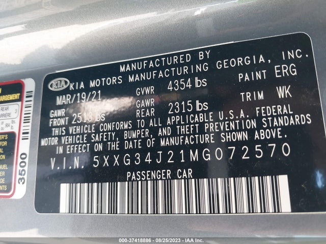 KIA K5 EX 2021 5XXG34J21MG072570 Image 9