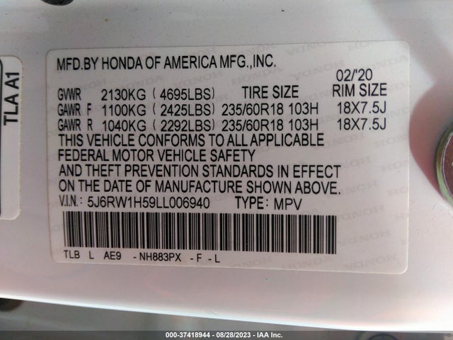 Honda CR-V EX 2020 5J6RW1H59LL006940 Image 9