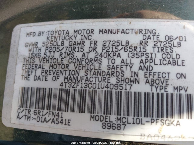2001 TOYOTA SIENNA LE VIN: 4T3ZF13C01U409517