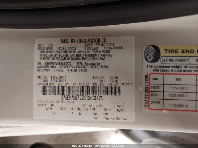 2008 MERCURY MILAN VIN: 3MEHM07ZX8R633420