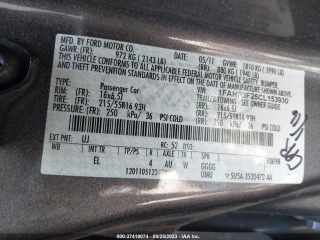 2012 FORD FOCUS SE VIN: 1FAHP3F25CL153930