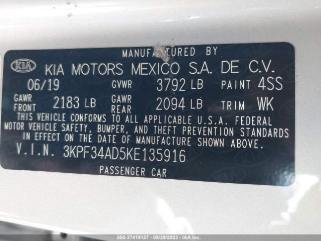 3KPF34AD5KE135916 KIA FORTE S