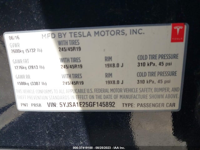 Tesla Model S 90d/70d/75d/60d/85d 2016 5YJSA1E25GF145892 Image 17