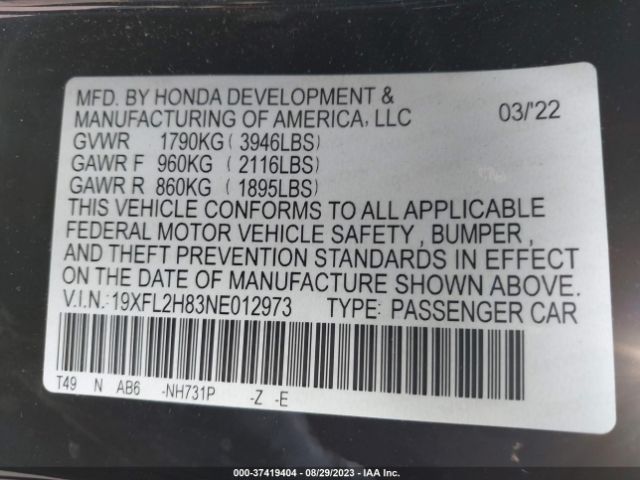 19XFL2H83NE012973 Honda Civic Hatchback Sport