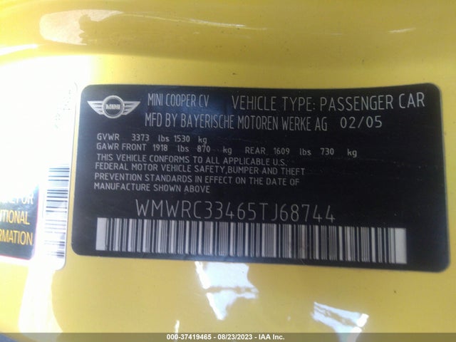 2005 MINI COOPER HARDTOP VIN: WMWRC33465TJ68744
