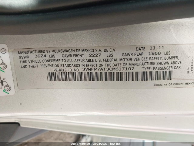 2012 VOLKSWAGEN BEETLE ENTRY PZEV VIN: 3VWFP7AT3CM617107