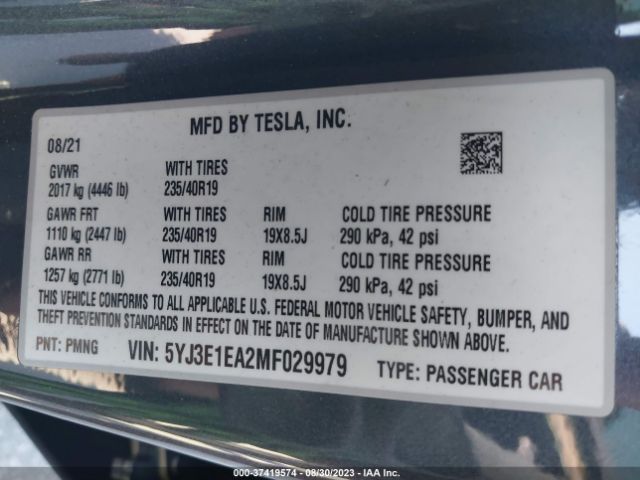5YJ3E1EA2MF029979 Tesla Model 3 Standard Range Plus