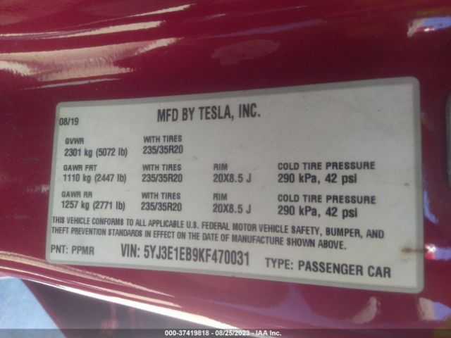 5YJ3E1EB9KF470031 Tesla MODEL 3