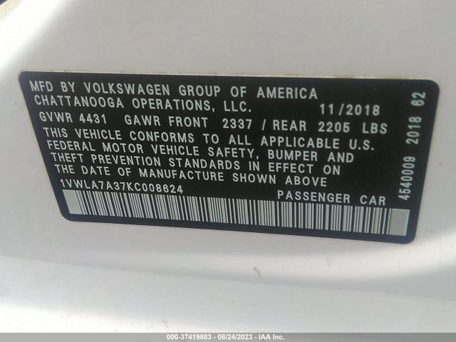 1VWLA7A37KC008624 Volkswagen Passat 2.0t Wolfsburg Edition