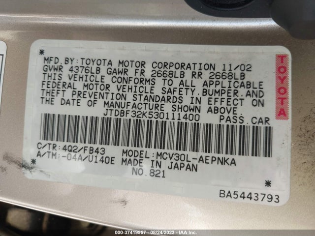 2003 TOYOTA CAMRY LE/SE/XLE VIN: JTDBF32K530111400
