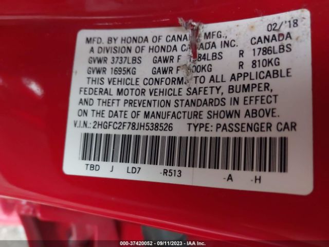2HGFC2F78JH538526 Honda Civic Sedan Ex