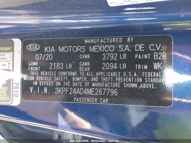 2021 KIA FORTE LXS VIN: 3KPF24AD4ME267796