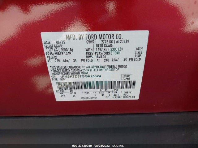 2016 FORD EXPLORER XLT VIN: 1FM5K7D87GGA25824