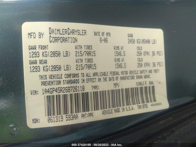2006 CHRYSLER TOWN & COUNTRY SWB VIN: 1A4GP45R26B726118