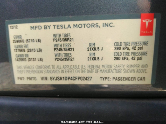 2012 TESLA MODEL S PERFORMANCE VIN: 5YJSA1DP4CFP02427