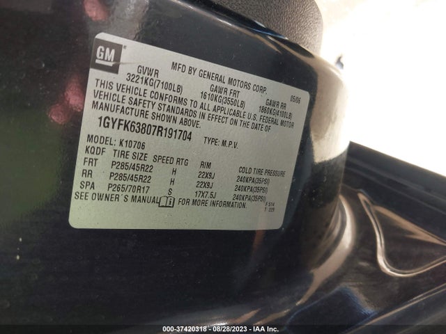 2007 CADILLAC ESCALADE VIN: 1GYFK63807R191704