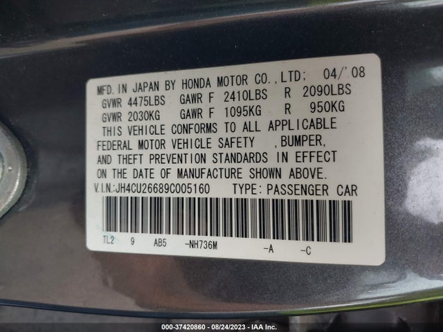 2009 ACURA TSX VIN: JH4CU26689C005160