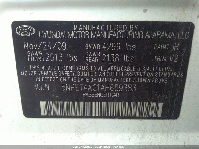 2010 HYUNDAI SONATA GLS PZEV VIN: 5NPET4AC1AH659383