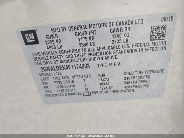 2015 CHEVROLET EQUINOX LTZ VIN: 2GNALDEK4F1174803