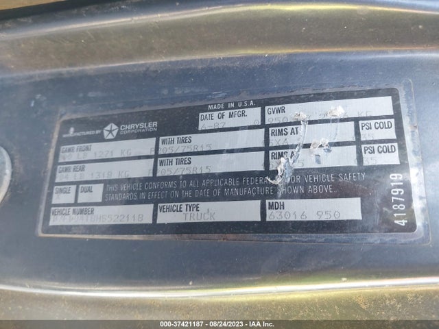 1987 DODGE D-SERIES D100 VIN: 1B7FD04T8HS522118