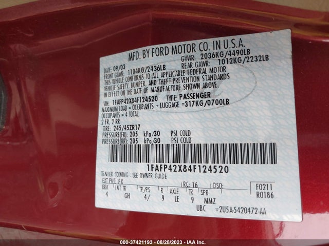 2004 FORD MUSTANG GT VIN: 1FAFP42X84F124520