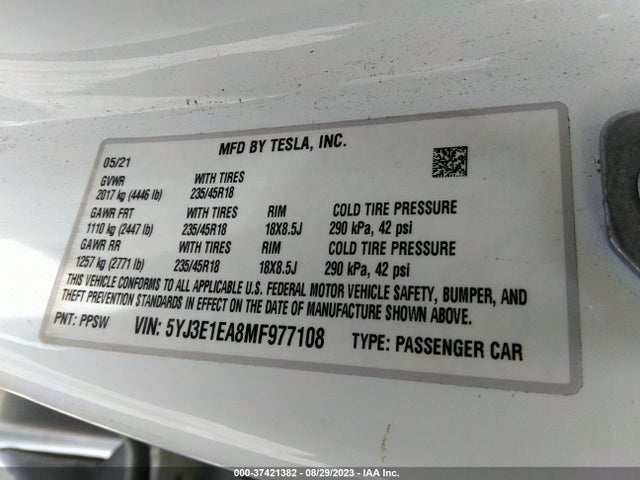 2021 Tesla 3, VIN: 5YJ3E1EA8MF977108