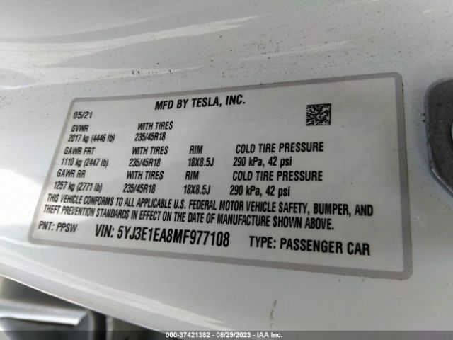 5YJ3E1EA8MF977108 Tesla Model 3 Standard Range Plus
