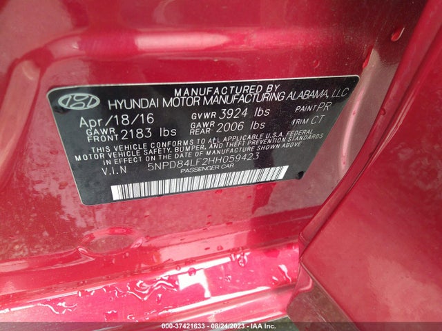 Hyundai Elantra Limited 2017 5NPD84LF2HH059423 Image 9
