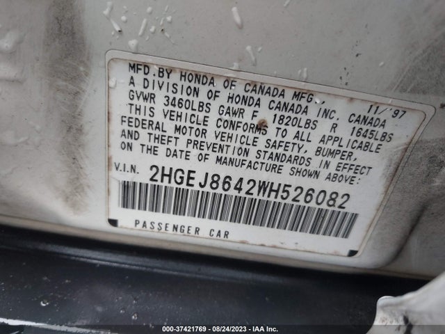 1998 HONDA CIVIC EX VIN: 2HGEJ8642WH526082