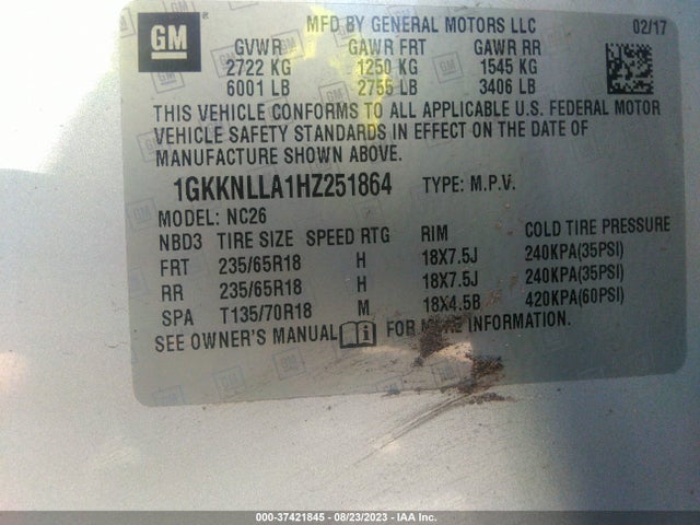 GMC ACADIA SLE 2017 1GKKNLLA1HZ251864 Image 9