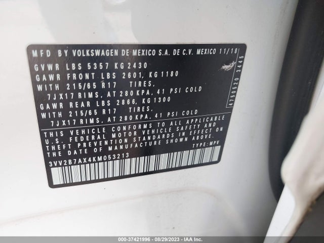 3VV2B7AX4KM053213 Volkswagen Tiguan Se/sel/sel R-line