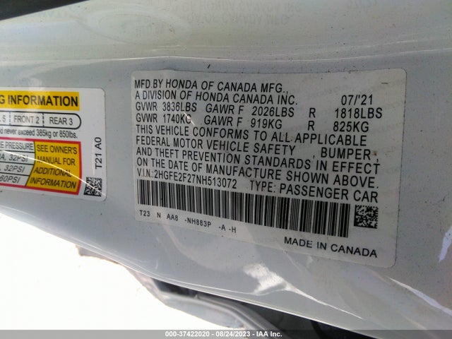 Honda Civic Sedan Lx 2022 2HGFE2F27NH513072 Image 9