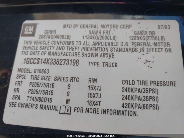 2003 CHEVROLET S-10 LS VIN: 1GCCS14X338273198
