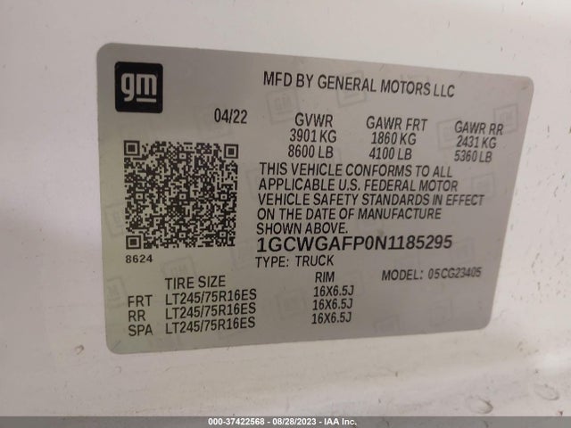 2022 CHEVROLET EXPRESS CARGO RWD 2500 REGULAR WHEELBASE WT VIN: 1GCWGAFP0N1185295