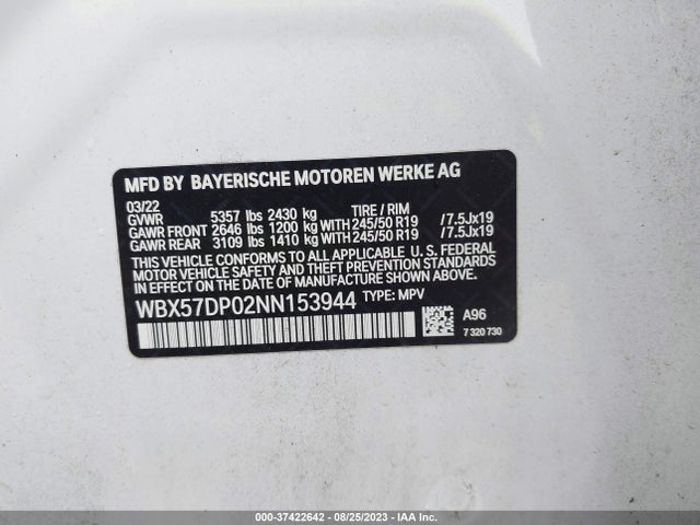 2022 BMW X3 XDRIVE30I VIN: WBX57DP02NN153944