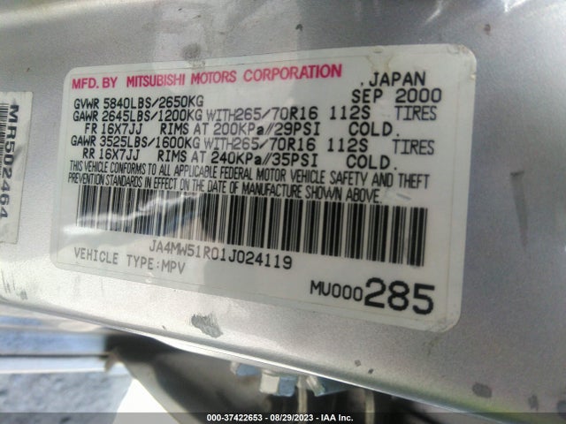 2001 MITSUBISHI MONTERO LTD VIN: JA4MW51R01J024119