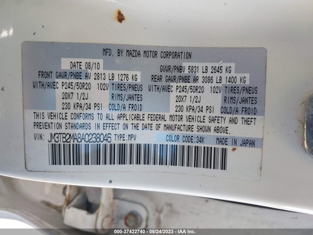 2010 MAZDA CX-9 GRAND TOURING VIN: JM3TB2MA8A0238046