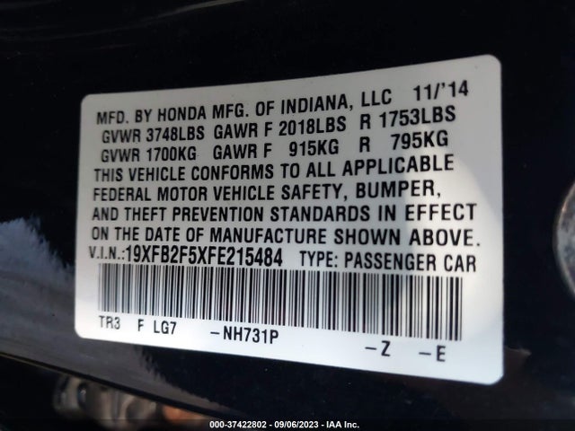 Honda Civic Sedan Lx 2015 19XFB2F5XFE215484 Image 9
