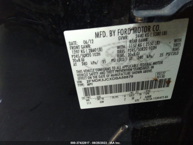 2013 FORD EDGE SEL VIN: 2FMDK3JCXDBA58879