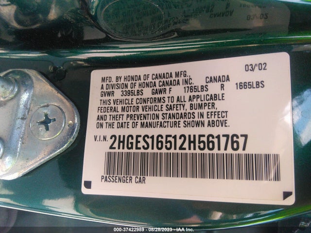 2002 HONDA CIVIC LX VIN: 2HGES16512H561767